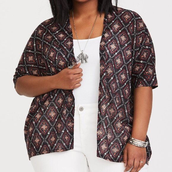 TORRID Cardigan, 2/2X Open Front Sweater, Diamond/Geo print, Polyester - Picture 11 of 11